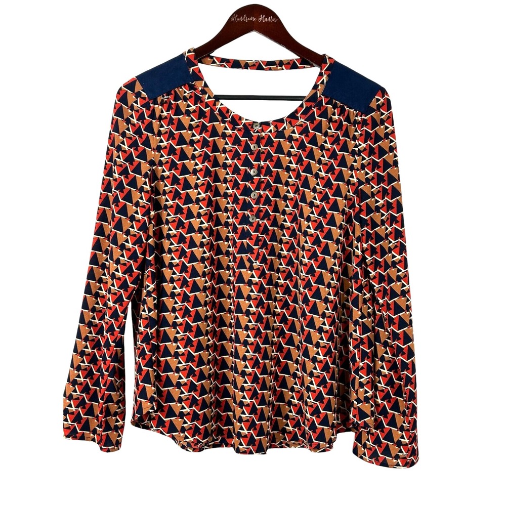 Miss Me Women Rust Navy Red Blouse Sz S Long Sleeve Geometric Boho Shirt Ladies